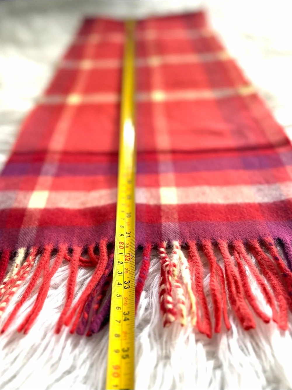 NWOT 100% Cashmere Scarf Made in Scotland Red Purple Plaid Fringed Tartan Unisex